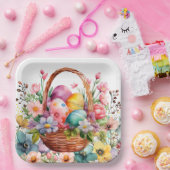 Easter Basket Eggs & Spring Flowers Papieren Bordje (Feest)