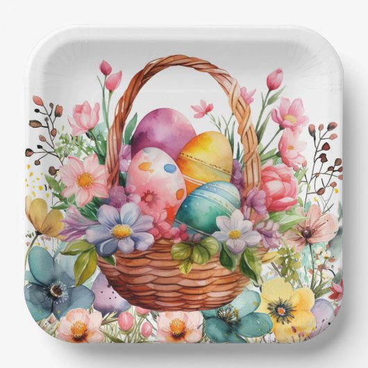 Easter Basket Eggs & Spring Flowers Papieren Bordje (Voorkant)