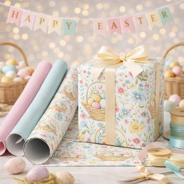 Easter Basket & Spring Floral Pattern Cadeaupapier