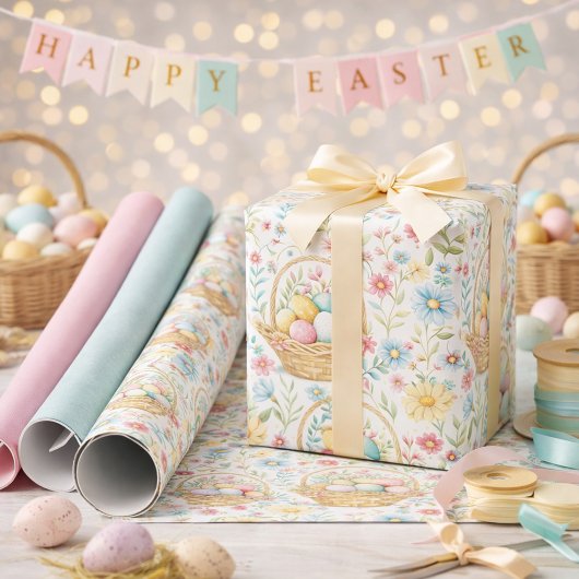 Easter Basket & Spring Floral Pattern Cadeaupapier