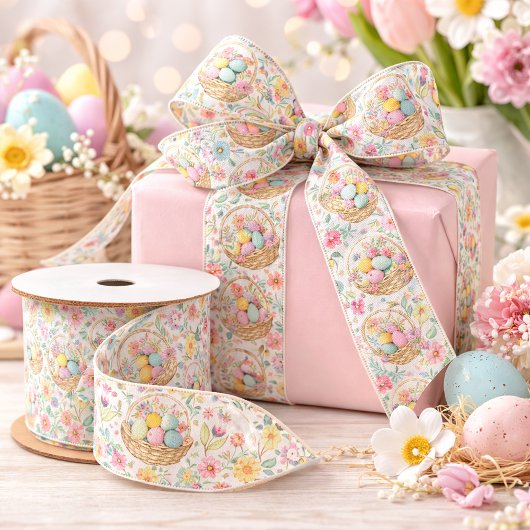 Easter Basket & Spring Floral Pattern Satijnen Lint