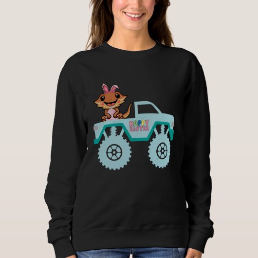 Easter Bearded Dragon Bunny Riding Monster Truck T Trui (Voorkant)