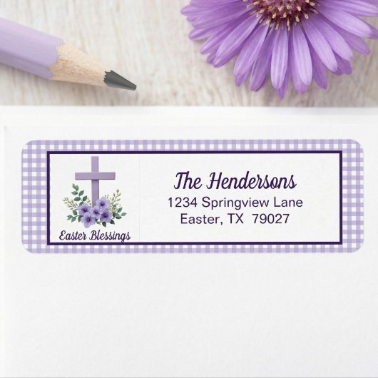 Easter Blessings Cross with Flowers Purple Gingham Etiket