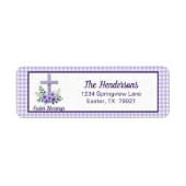 Easter Blessings Cross with Flowers Purple Gingham Etiket (Voorkant)