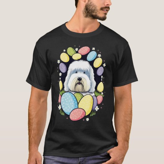 Easter Bobtail Bunny Eggs Dog on Easter Old Englis T-shirt (Voorkant)