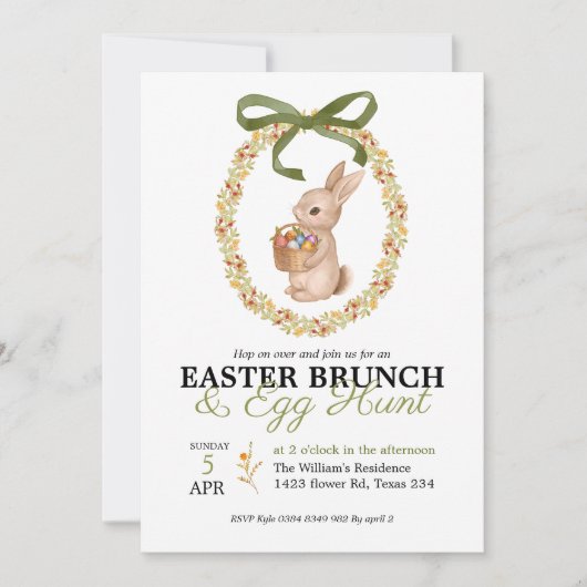 Easter Brunch and Egg Hunt Bunny Floral Invitation Kaart (Voorkant)