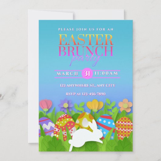 Easter Brunch Party – Colorful Bunny & Eggs Aankondiging (Voorkant)