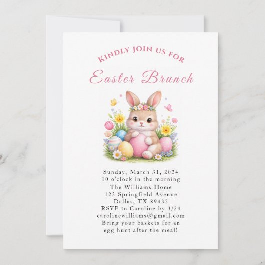 Easter Brunch Watercolor Bunny Rabbit Eggs Floral Kaart (Voorkant)