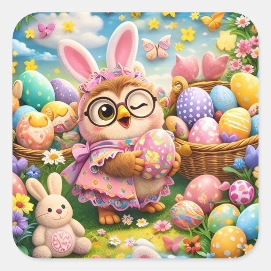Easter bunny and colourful eggs whimsical sticker (Voorkant)