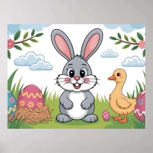 Easter Bunny and Duckling in Spring Meadow Poster (Voorkant)