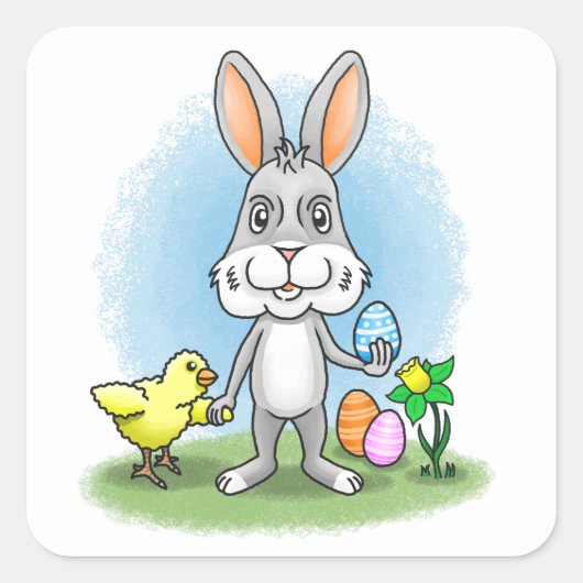 Easter bunny and the yellow chicken vierkante sticker (Voorkant)