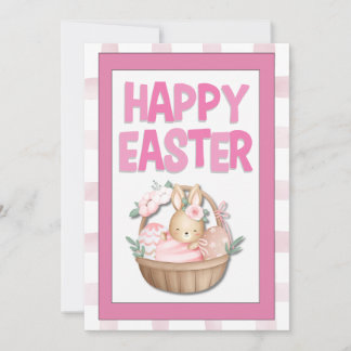 Easter Bunny Basket & Pink Plaid Feestdagenkaart