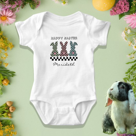 Easter Bunny Checkerboard Pink Green Teal Monogram Romper