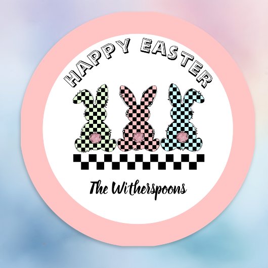 Easter Bunny Checkerboard Pink Green Teal Monogram Ronde Sticker