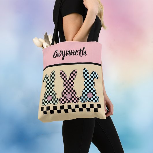 Easter Bunny Checkerboard Pink Green Yellow Name Tote Bag