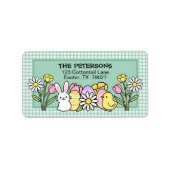 Easter Bunny Chick Eggs Flowers Green Gingham Etiket (Voorkant)