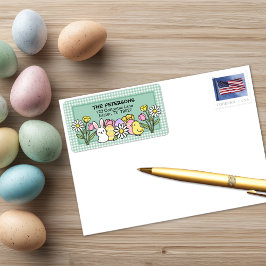 Easter Bunny Chick Eggs Flowers Green Gingham Etiket