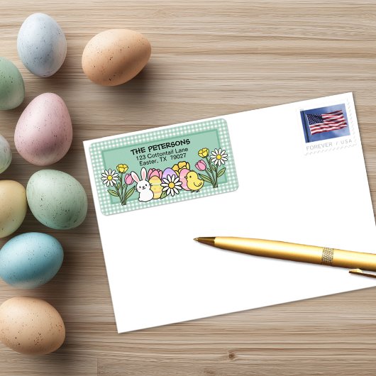 Easter Bunny Chick Eggs Flowers Green Gingham Etiket