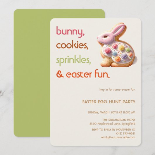 Easter Bunny Cookie Invitation | Kids Easter Party Kaart (Voorkant / Achterkant)