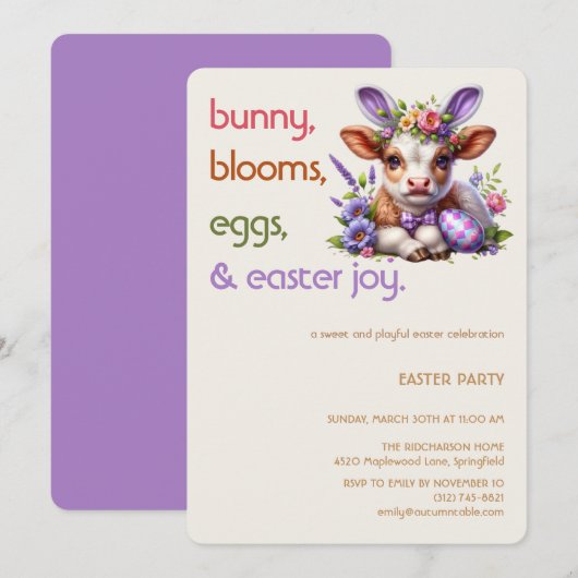 Easter Bunny Cow Invitation | Kid easter party Kaart (Voorkant / Achterkant)