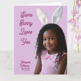 Easter Bunny Ears Girl Photo Customize Purple Card Kaart