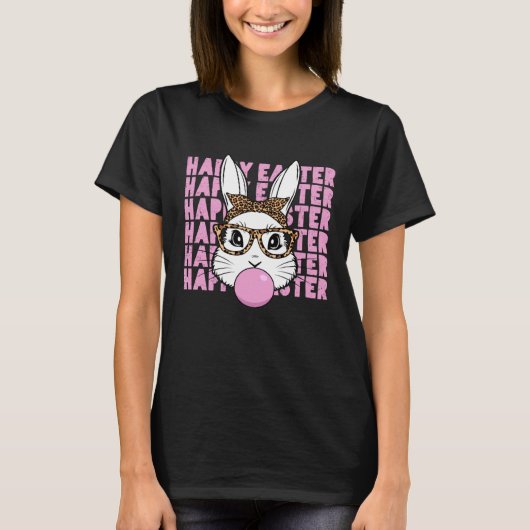 Easter Bunny Face Glasses Leopard Happy Easter Day T-shirt (Voorkant)