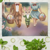 Easter Bunny Family Chasing Eggs - Watercolor Theedoek (Gevouwen)