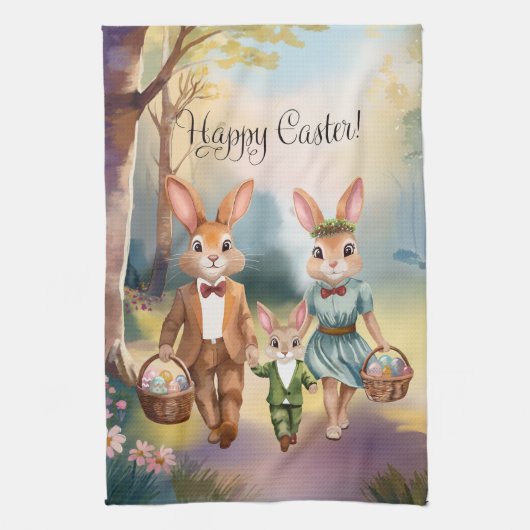 Easter Bunny Family Chasing Eggs - Watercolor Theedoek (Verticaal)