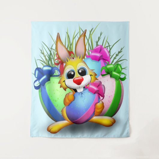 Easter Bunny Funny and Cute Character Biting an Eg Wandkleed (Voorkant)