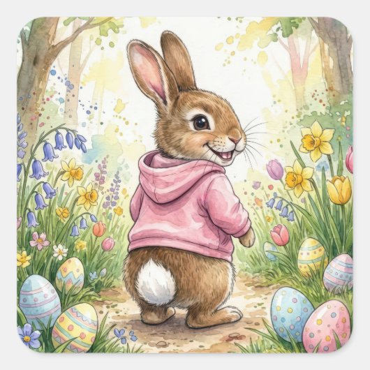 Easter Bunny in a Spring Garden Vierkante Sticker (Voorkant)
