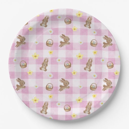 Easter Bunny Pink Gingham Papieren Bordje (Voorkant)