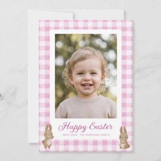 Easter Bunny Pink Gingham Photo Feestdagenkaart (Voorkant)
