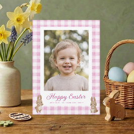 Easter Bunny Pink Gingham Photo Feestdagenkaart