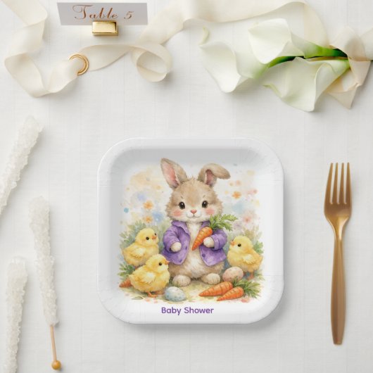 Easter Bunny Purple Jacket Baby Shower Papieren Bordje (Huwelijk)