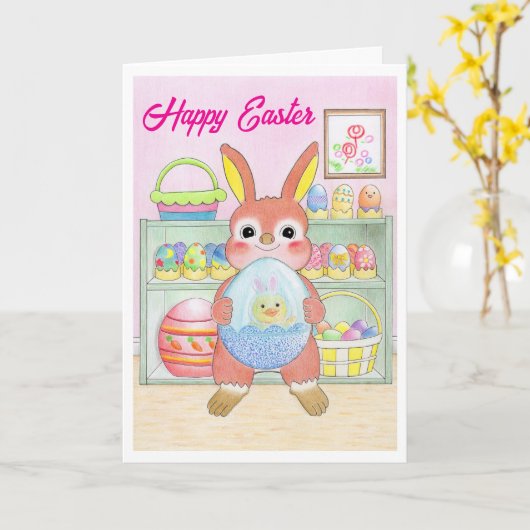 Easter Bunny Rabbit Eggs Kids Folded Card Kaart (Gele Bloem)
