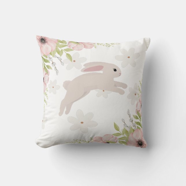 Easter Bunny Rabbit Pink Flowers Kussen (Voorkant)