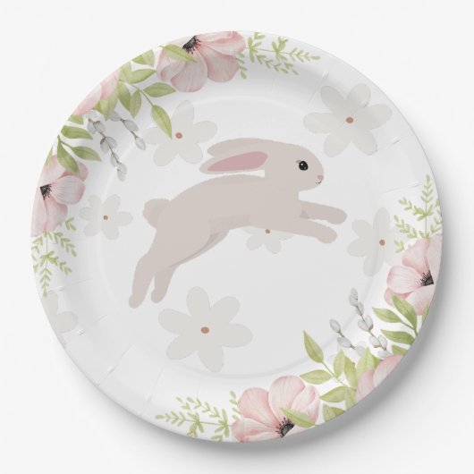 Easter Bunny Rabbit Pink Flowers Papieren Bordje (Voorkant)