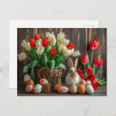 Easter bunny seated beside colorful eggs and tulip briefkaart (Voorkant / Achterkant)