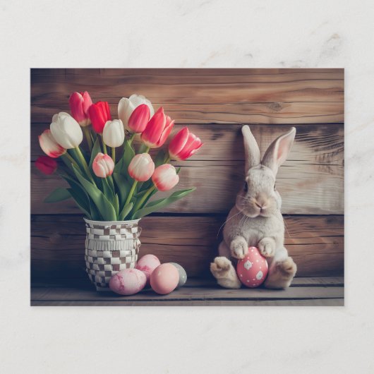 Easter bunny seated beside colorful eggs and tulip briefkaart (Voorkant)