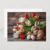Easter bunny seated beside colorful eggs and tulip briefkaart (Voorkant / Achterkant)