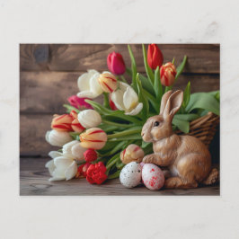 Easter bunny seated beside colorful eggs and tulip briefkaart