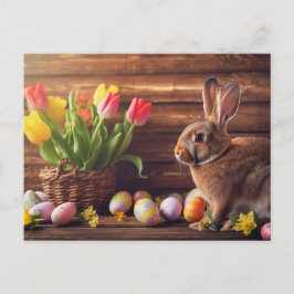 Easter bunny seated beside colorful eggs and tulip briefkaart