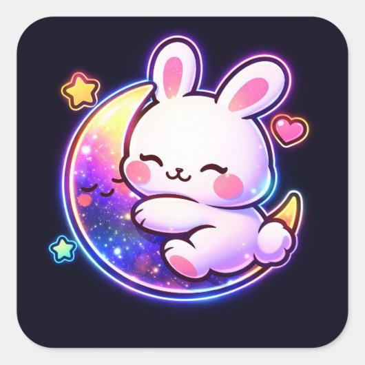 Easter Bunny Sleeping on Galaxy Moon Neon Sticker (Voorkant)