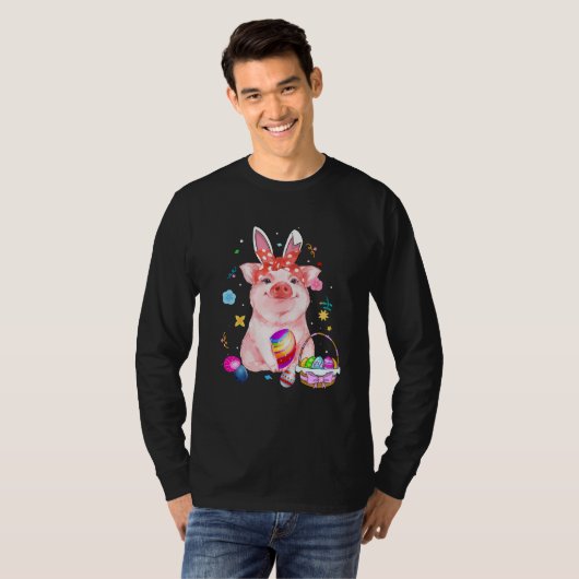 Easter Bunny Spring Pig bow Egg Hunting Basket col T-shirt (Voorkant volledig)