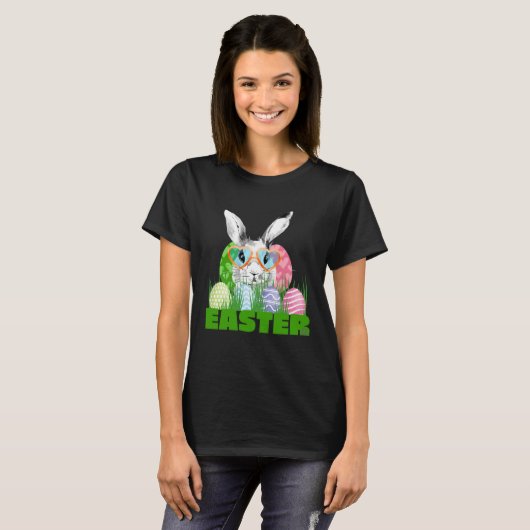 Easter Bunny with Glasses Egg Hunting T-shirt (Voorkant volledig)