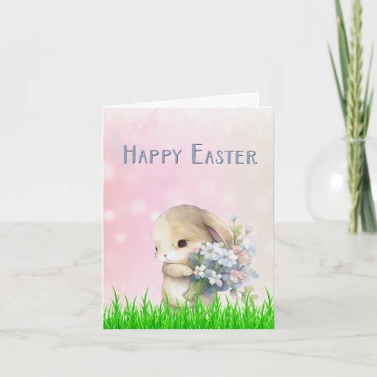 Easter Bunny with Pink and Blue Flowers Card Feestdagen Kaart (Voorkant)