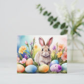 Easter Bunny with Spring Flowers, Painted Eggs Feestdagenkaart (Staand voorkant)