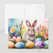 Easter Bunny with Spring Flowers, Painted Eggs Feestdagenkaart (Voorkant / Achterkant)