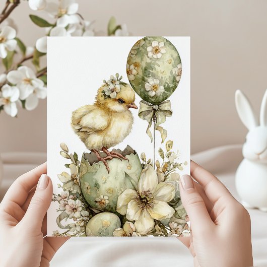 Easter Chick Spring Floral Watercolor Sage Green Feestdagenkaart