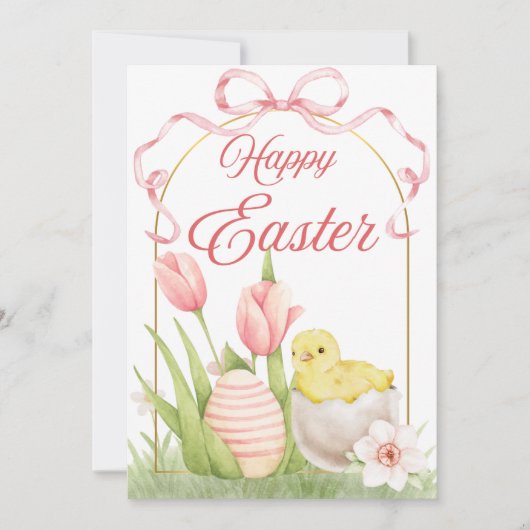 Easter Chick & Tulips Flat Holiday Card Feestdagenkaart (Voorkant)